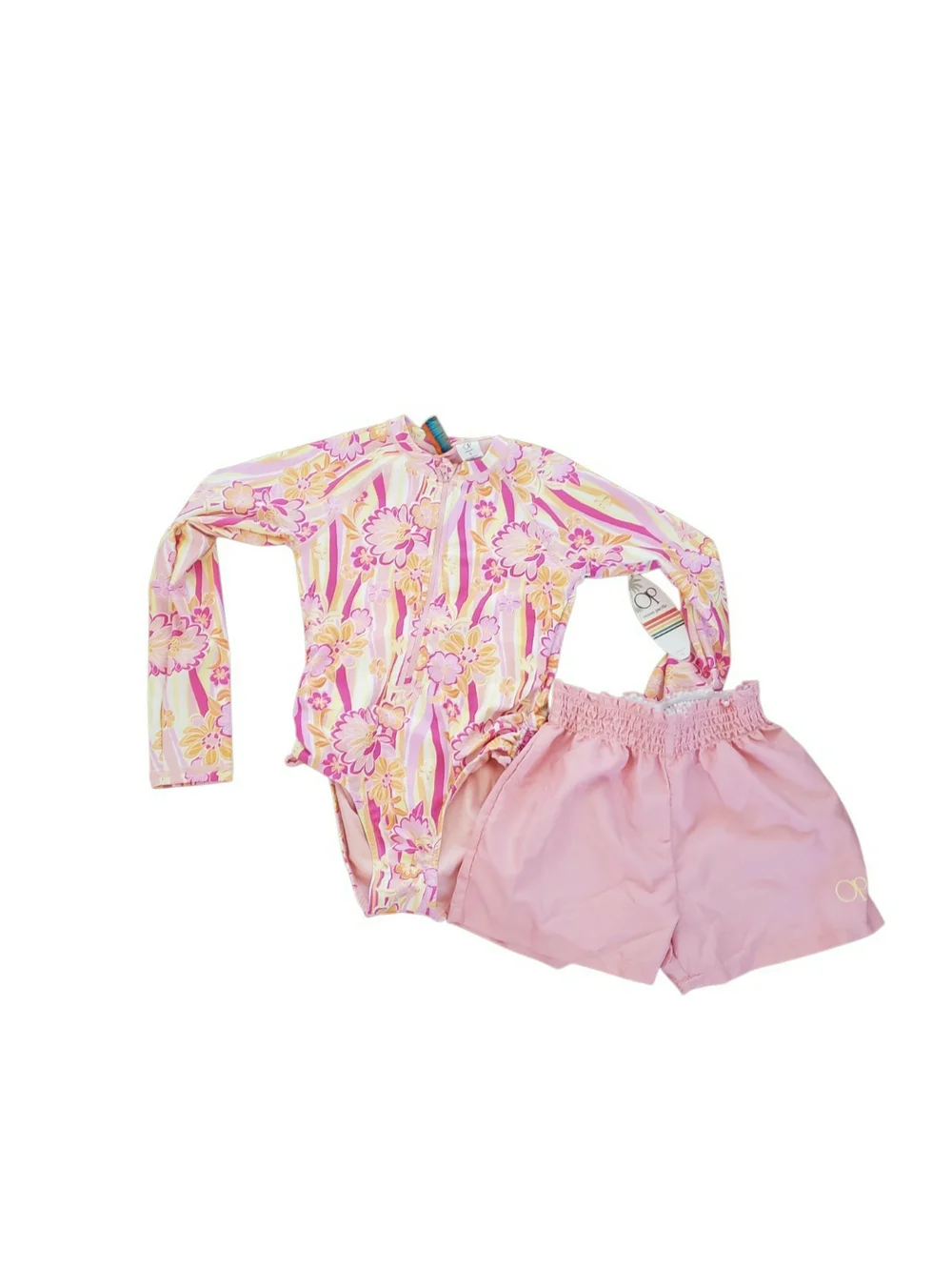 OP Orchid Pink Floral Long-Sleeve One-Piece with Pink Swim Shorts